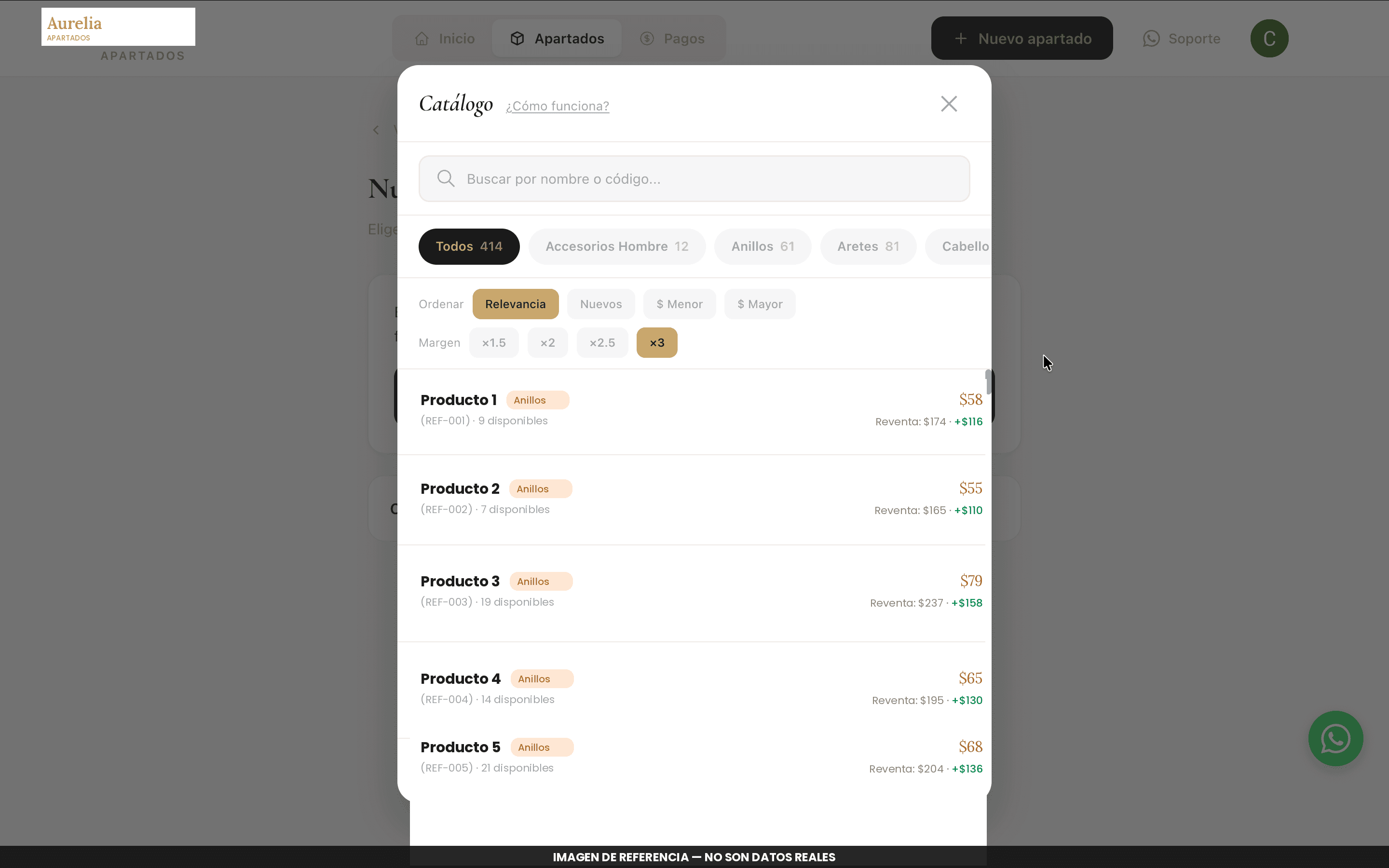 Catálogo de productos con búsqueda, filtros por categoría y por múltiplo de margen, mostrando precio de reventa sugerido junto al costo.