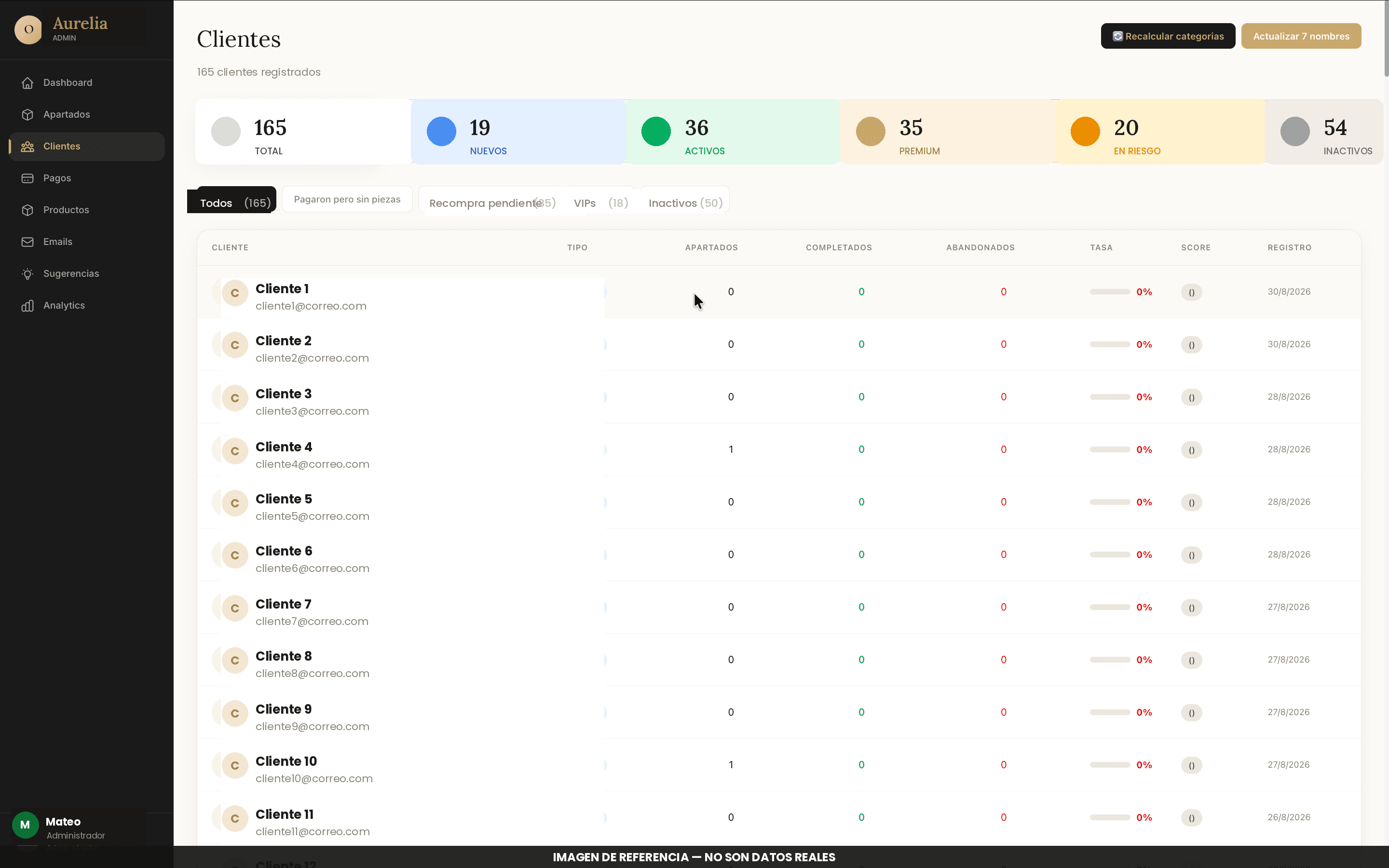 Directorio de clientas segmentado por categoría (nuevas, activas, premium, en riesgo, inactivas) con tasa de completación y score por clienta.
