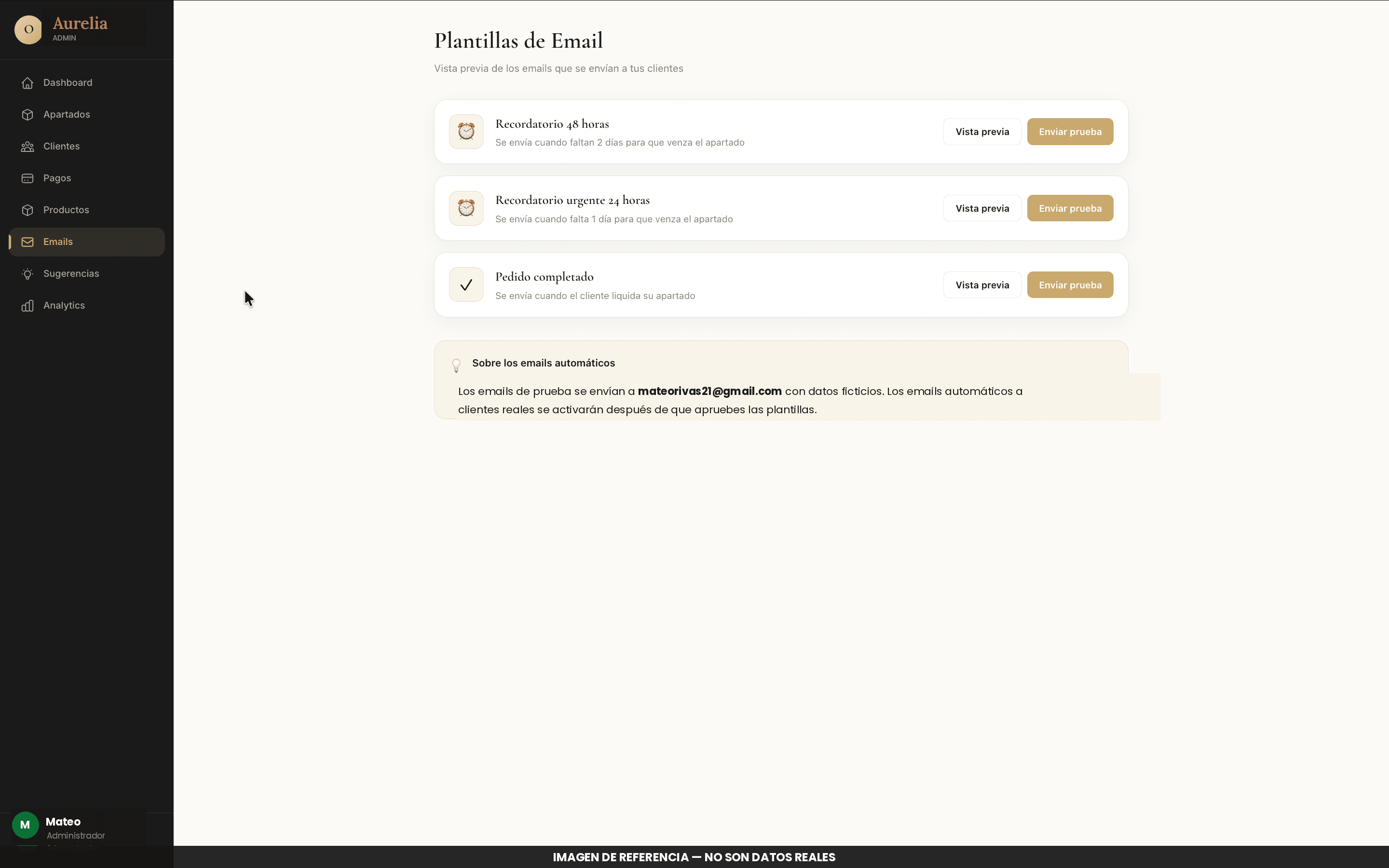 Plantillas de emails automáticos que se envían a las clientas: recordatorios a 48h y 24h antes del vencimiento del apartado, y confirmación de pedido completado.