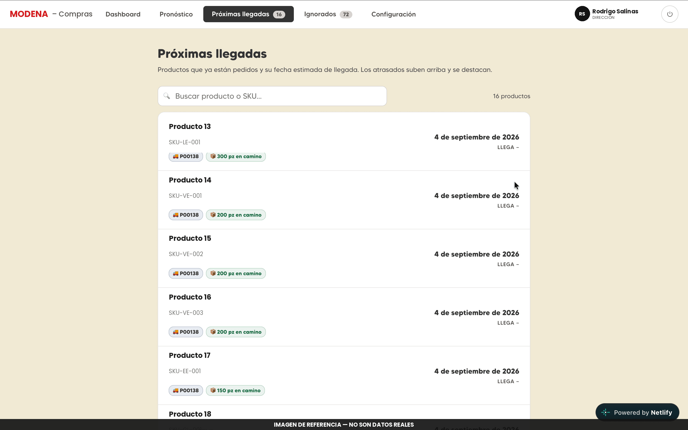 Vista de próximas llegadas: productos ya pedidos con fecha estimada de arribo, número de piezas en camino y orden de compra asociada.