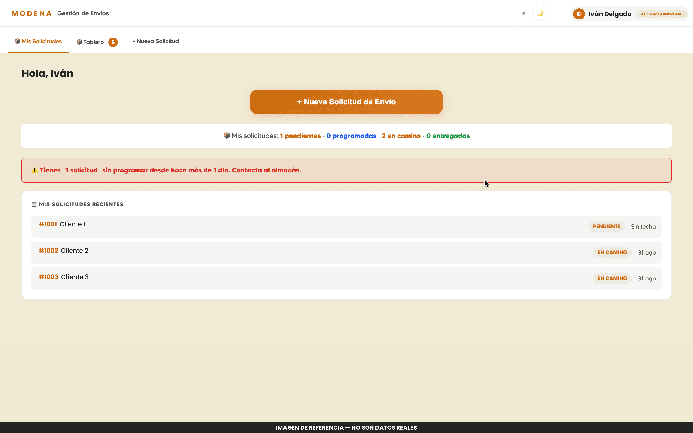 Vista del asesor comercial con sus solicitudes activas, contadores por estado y alerta de solicitudes sin programar hace más de un día.